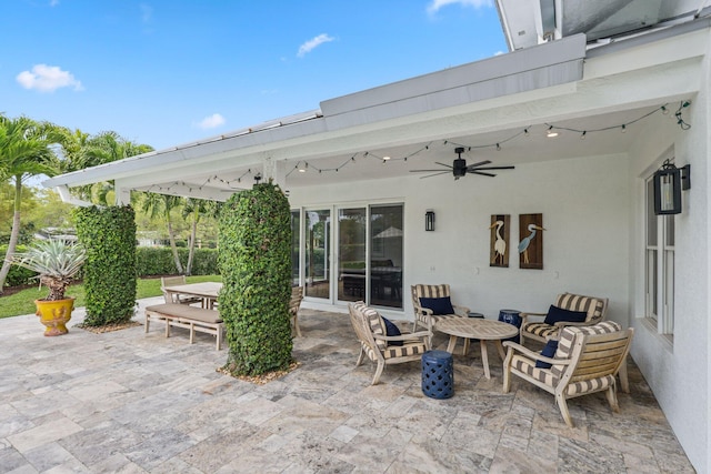 view of patio / terrace featuring outdoor lounge area, a ceiling fan, and outdoor dining space