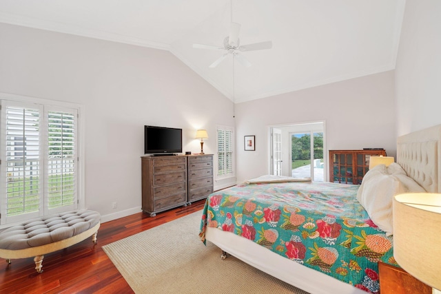 bedroom featuring dark wood-style floors, multiple windows, access to exterior, and high vaulted ceiling