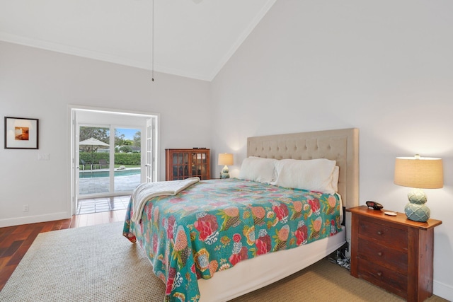 bedroom featuring high vaulted ceiling, wood finished floors, baseboards, access to exterior, and ornamental molding