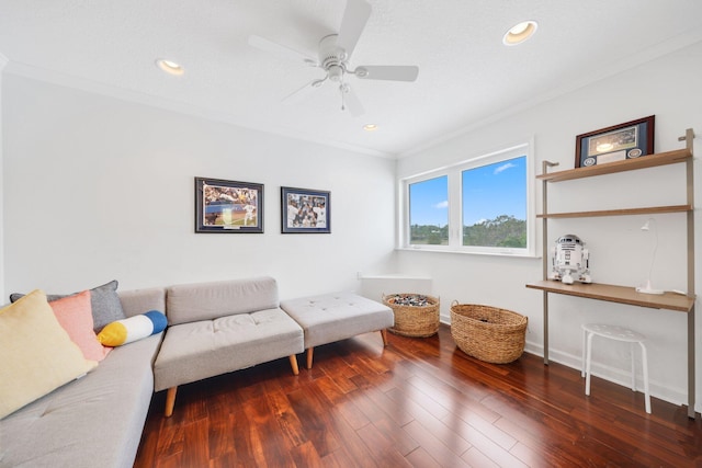 living room with crown molding, wood finished floors, and recessed lighting