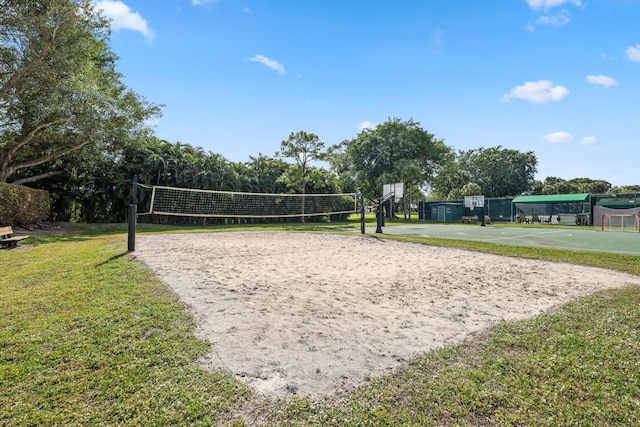 surrounding community with a yard, community basketball court, and volleyball court