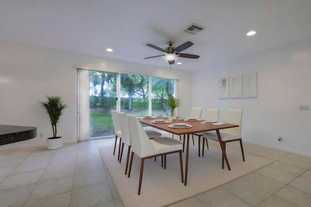 dining area with recessed lighting, visible vents, light tile patterned flooring, ceiling fan, and baseboards