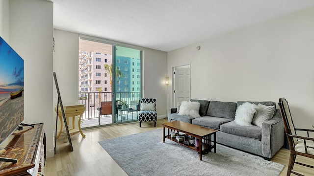 living room featuring a wall of windows, light wood-type flooring, and baseboards