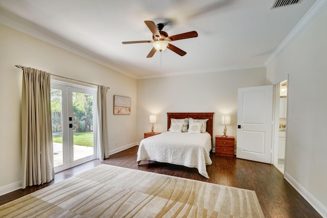 bedroom featuring access to exterior, dark wood-style flooring, crown molding, visible vents, and baseboards