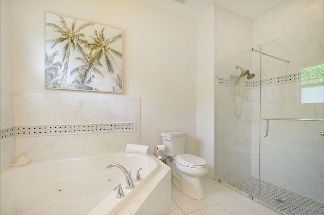 full bathroom with toilet, a shower stall, a tub with jets, and tile patterned flooring