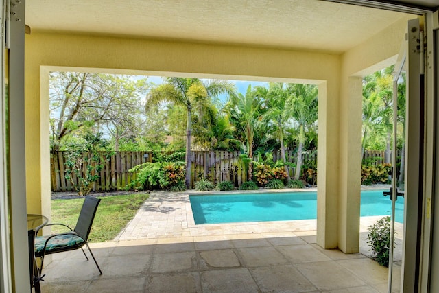 view of pool featuring a patio area, a fenced backyard, and a fenced in pool