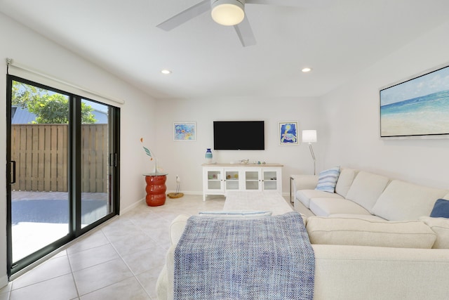 living room with recessed lighting, baseboards, light tile patterned flooring, and ceiling fan