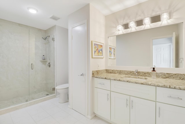 bathroom featuring visible vents, a stall shower, toilet, and vanity