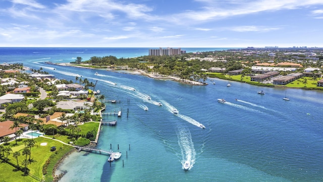 drone / aerial view featuring a water view