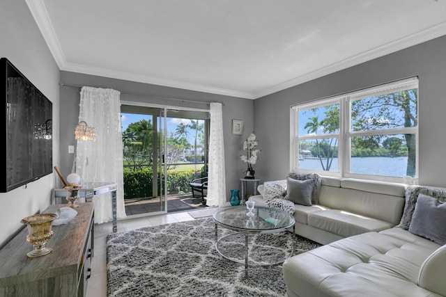 tiled living room with crown molding