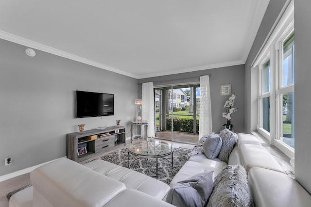 living room with baseboards and crown molding