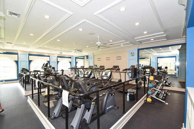 gym with ceiling fan, recessed lighting, ornamental molding, beamed ceiling, and coffered ceiling