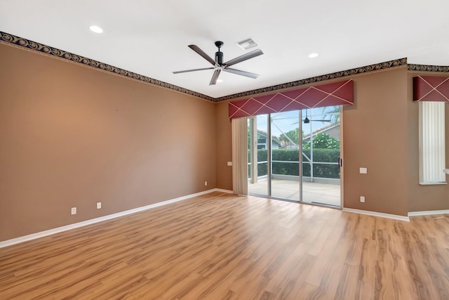 unfurnished room featuring baseboards, light wood finished floors, a ceiling fan, and recessed lighting