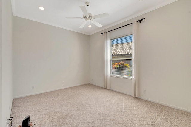 7314 Toscane Ct, Boynton Beach, FL 33437 - spare room featuring light colored carpet, a ceiling fan, crown molding, baseboards, and recessed lighting