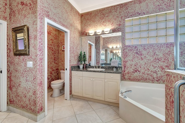 full bath featuring a garden tub, vanity, tile patterned floors, wallpapered walls, and crown molding