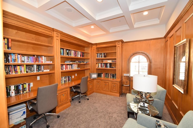 carpeted office featuring crown molding, coffered ceiling, beam ceiling, and recessed lighting