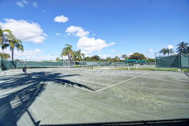 view of tennis court featuring fence