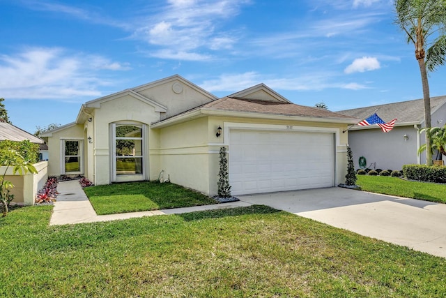 ranch-style house featuring concrete driveway, a front lawn, an attached garage, and stucco siding