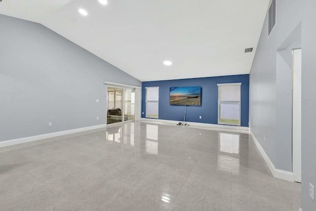 unfurnished living room featuring lofted ceiling, visible vents, baseboards, and recessed lighting