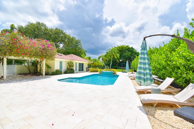 view of swimming pool featuring a fenced in pool, a patio, and a fenced backyard