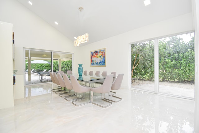 dining space with high vaulted ceiling