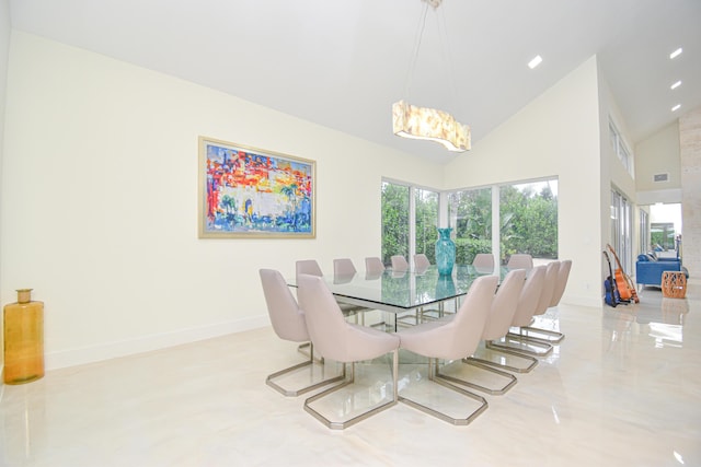 dining room featuring recessed lighting, visible vents, baseboards, and high vaulted ceiling