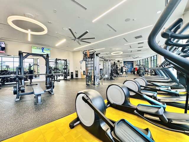 workout area with visible vents and ceiling fan