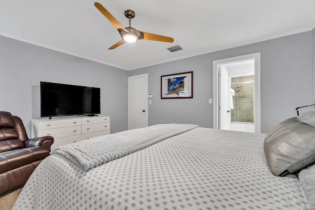 bedroom featuring ensuite bath, crown molding, visible vents, and ceiling fan