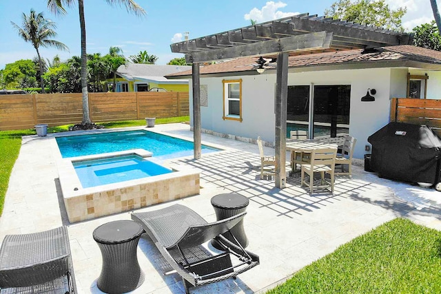 view of pool featuring a patio, fence, a pergola, and an in ground hot tub