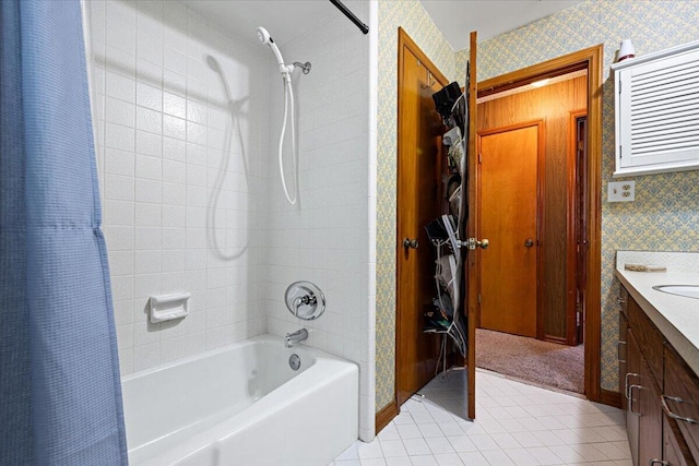 full bath with tile patterned flooring, wallpapered walls, baseboards, shower / bath combination with curtain, and vanity