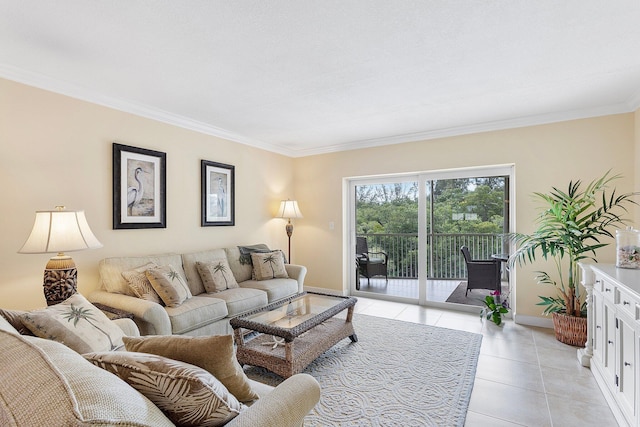 living area featuring light tile patterned floors, ornamental molding, and baseboards