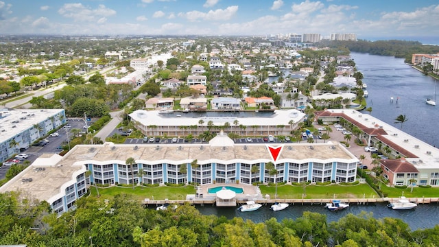 aerial view featuring a water view