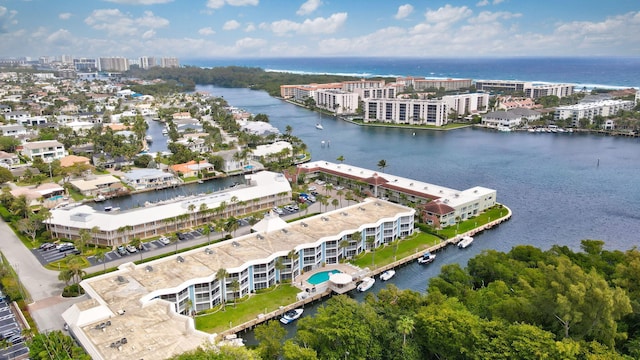 bird's eye view with a water view