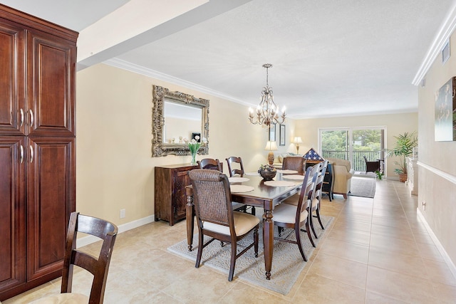 dining space with a notable chandelier, crown molding, baseboards, and light tile patterned flooring