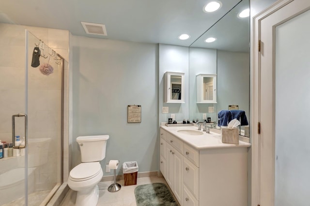 full bath featuring toilet, vanity, visible vents, baseboards, and a shower stall
