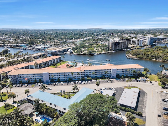 drone / aerial view featuring a water view