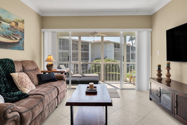 living room featuring crown molding and light tile patterned floors