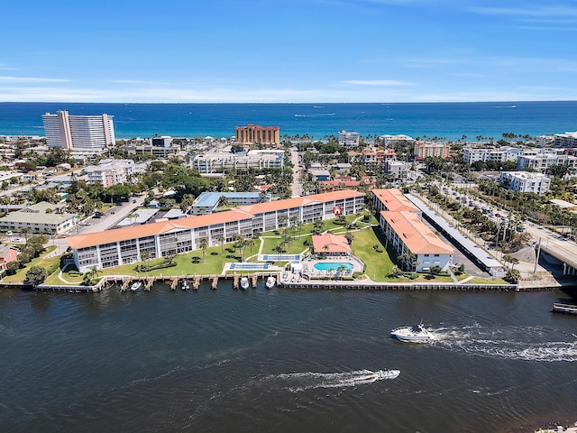 bird's eye view with a city view and a water view