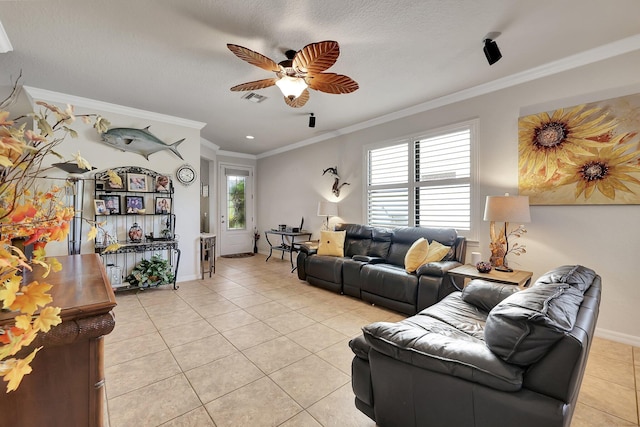 living area with ornamental molding, plenty of natural light, and light tile patterned flooring