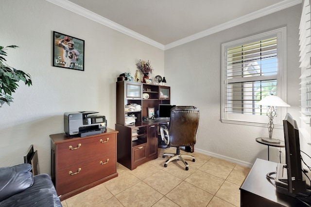 office space with light tile patterned floors, ornamental molding, and baseboards