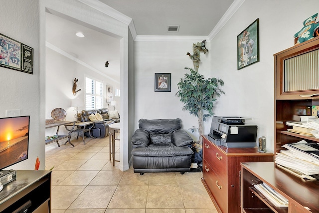 home office with visible vents, crown molding, and light tile patterned floors