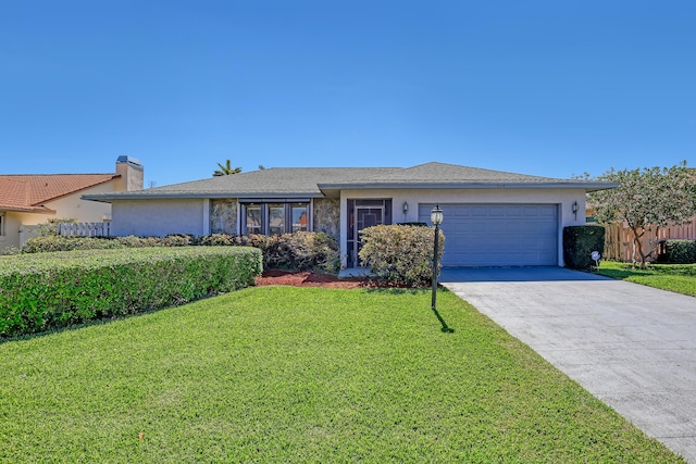 ranch-style home with stucco siding, an attached garage, driveway, and fence