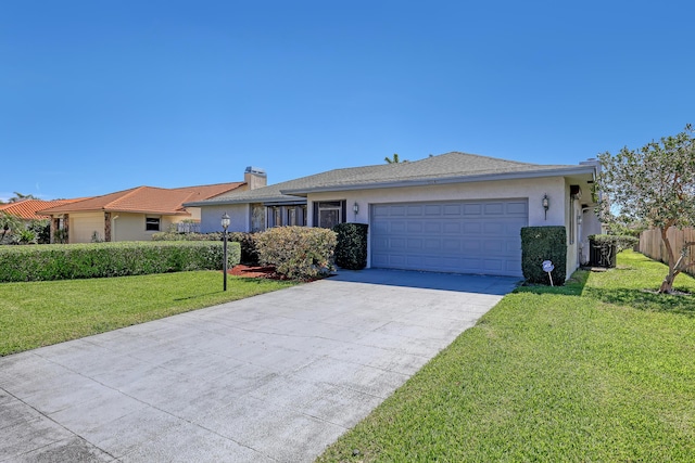 ranch-style house with a front lawn, fence, concrete driveway, stucco siding, and a garage