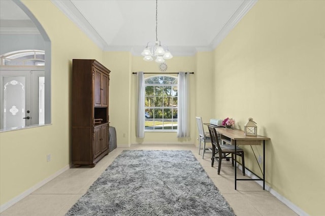 interior space with arched walkways, crown molding, and light tile patterned floors