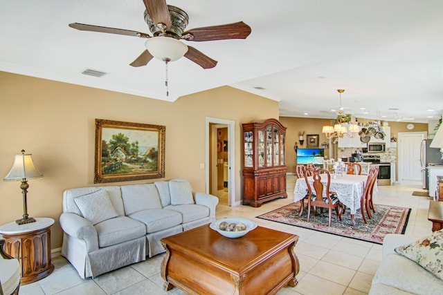 living room featuring crown molding, light tile patterned floors, recessed lighting, visible vents, and ceiling fan