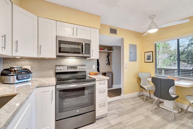 kitchen with stainless steel appliances, visible vents, white cabinetry, backsplash, and electric panel