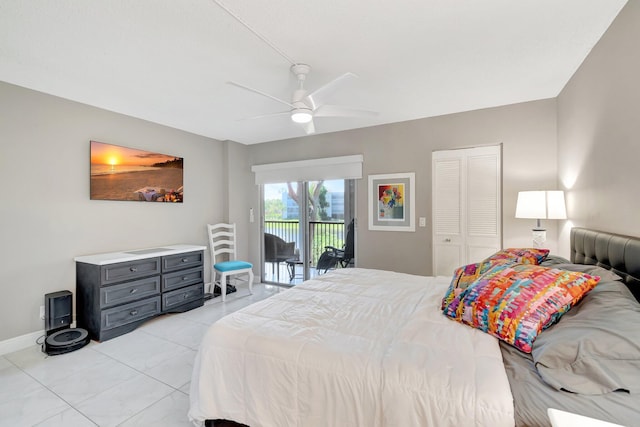 bedroom with ceiling fan, a closet, baseboards, and access to exterior