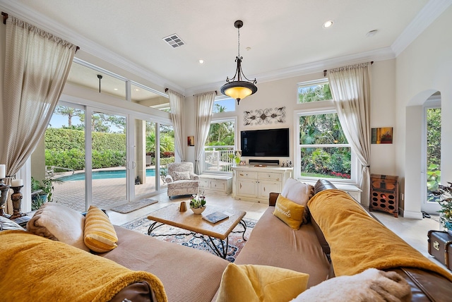 living room featuring arched walkways, recessed lighting, visible vents, ornamental molding, and light tile patterned flooring