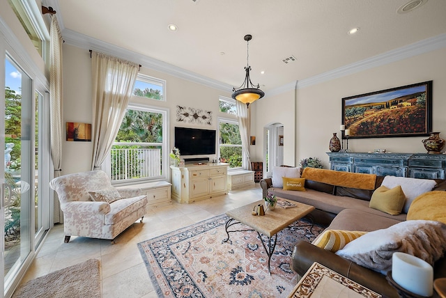 living room with recessed lighting, visible vents, crown molding, and light tile patterned floors