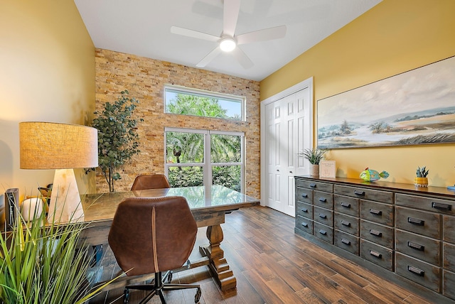 office space featuring ceiling fan and dark wood-style flooring